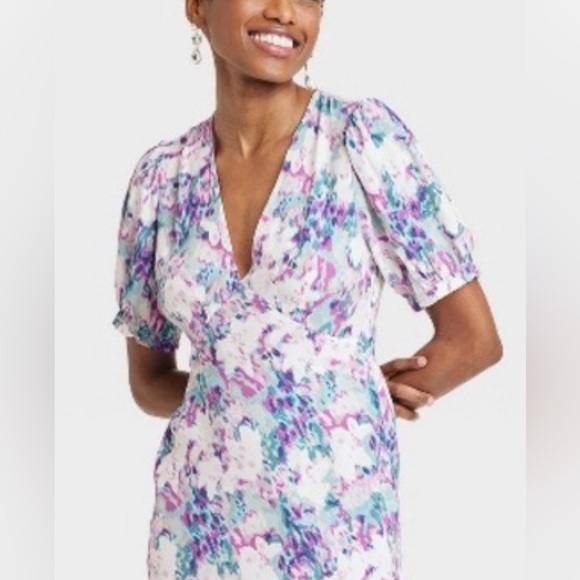 A new day pastel floral print puff sleeve midi dress medium - Picture 5 of 5